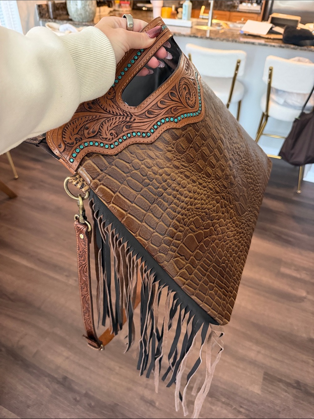 Fringed Croc-Embossed Leather Tote in Brown - Picture 4 of 4